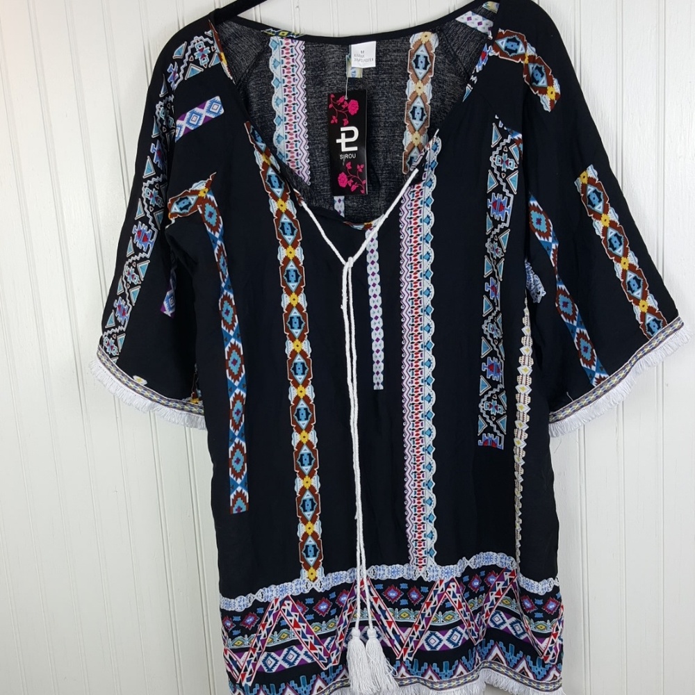 Boho Aztec Top with Tassels & Fringe - NWT